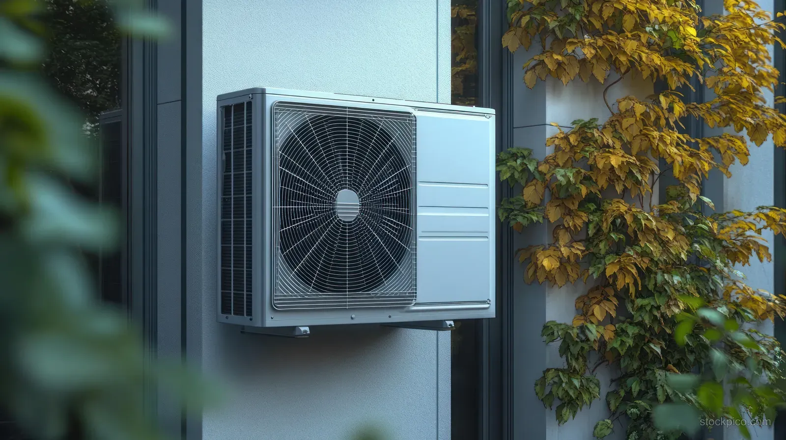 Wall-mounted outdoor air conditioner unit next to autumn leaves beside a reflective glass window.
