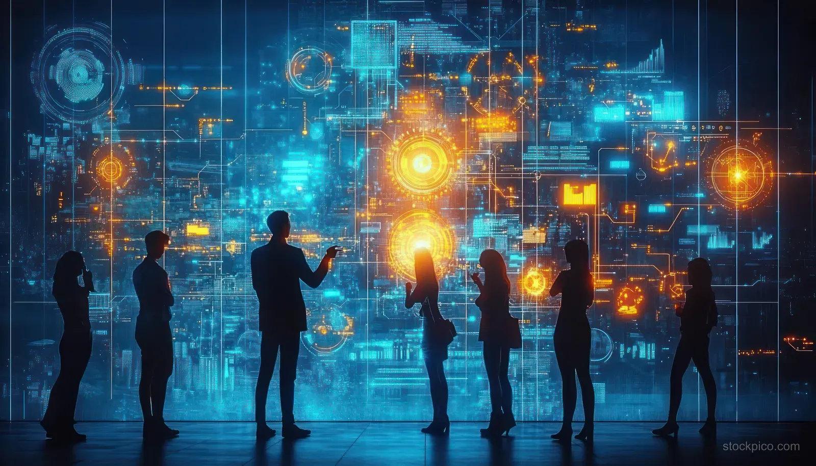 Team silhouettes review glowing agile workflow dashboards and performance metrics on a digital wall.