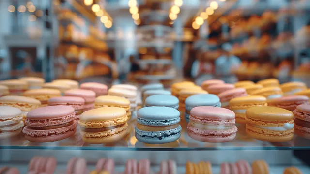 Colorful French macarons lined up inside a bakery window display