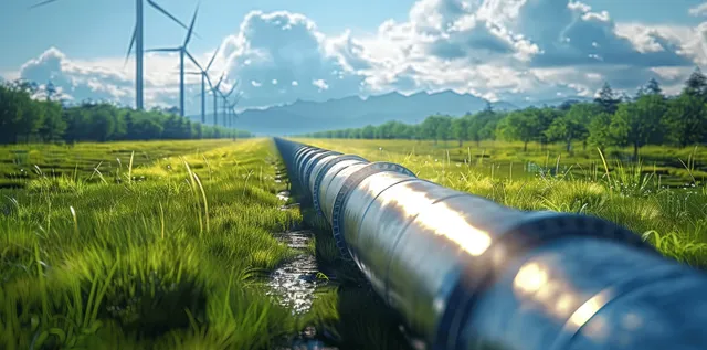 Hydrogen pipeline runs through green field with wind turbines and glowing sunlight