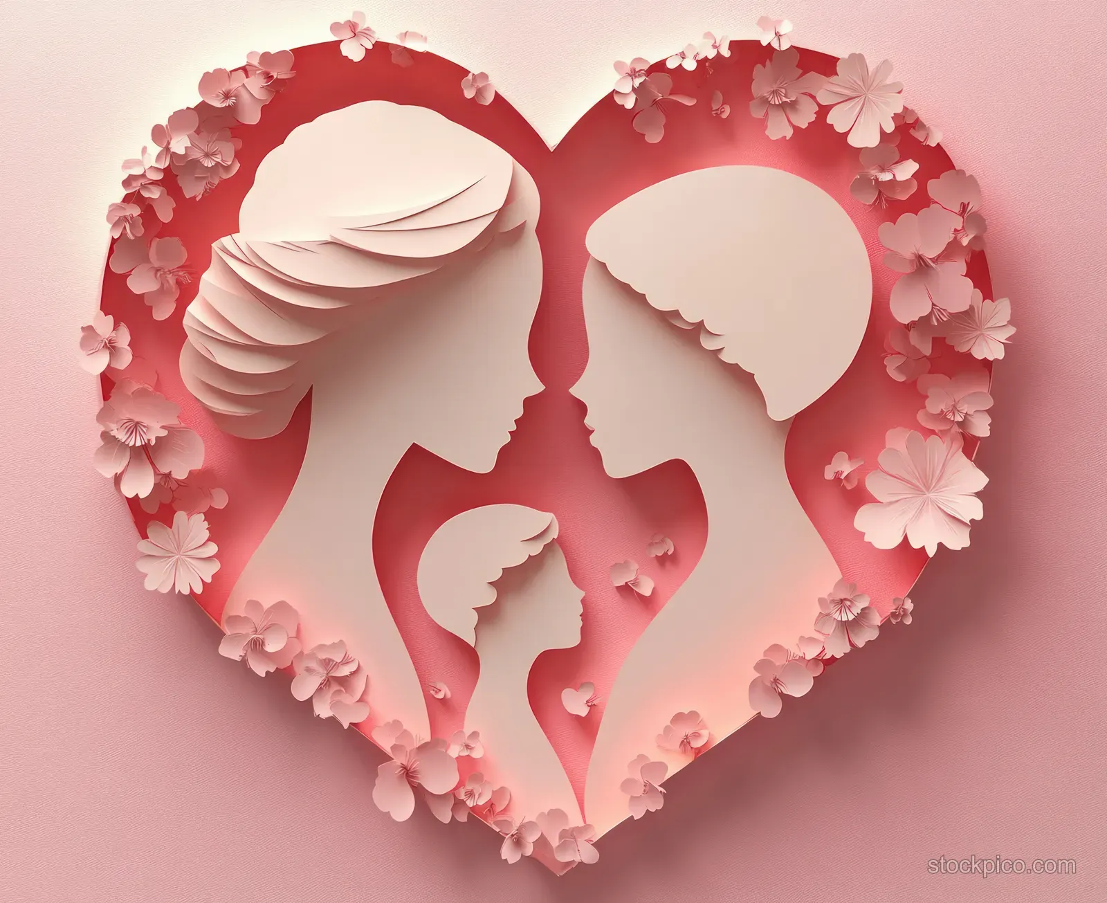 Pink heart floral backdrop with mother and son facing silhouettes and layered petals decoration.