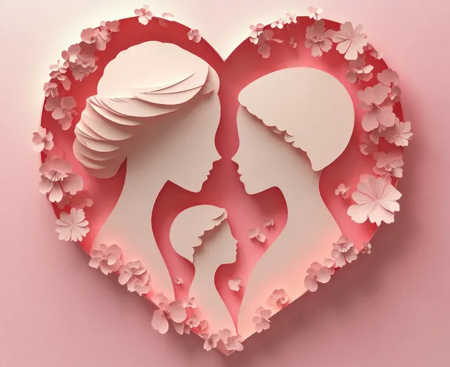 Pink heart floral backdrop with mother and son facing silhouettes and layered petals decoration.