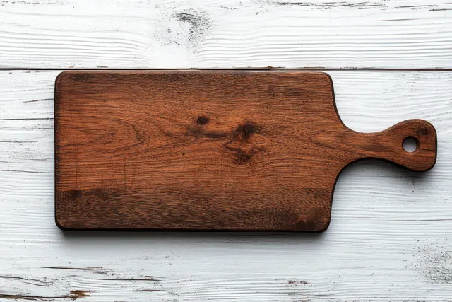 Rustic walnut cutting board with a handle on a white wooden surface in natural light from above.