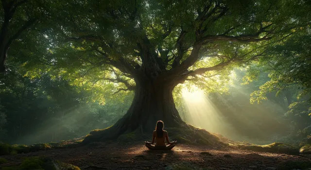 Woman meditating beneath an ancient tree in a misty forest with sunbeams