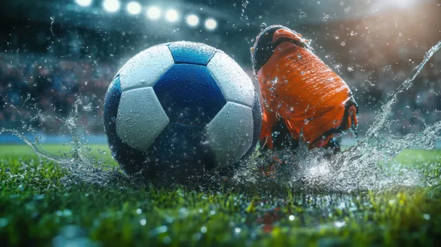 A soccer cleat kicks a blue ball into wet grass at night, scattering turf and droplets under stadium lights.
