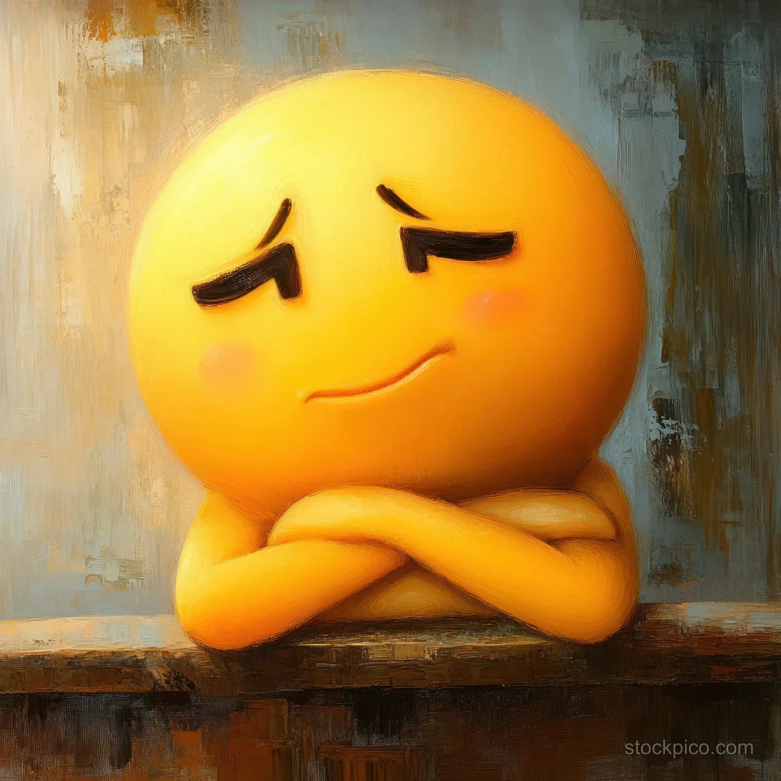 A pensive yellow emoji with hand on chin looks uncertain against a softly painted wall background.