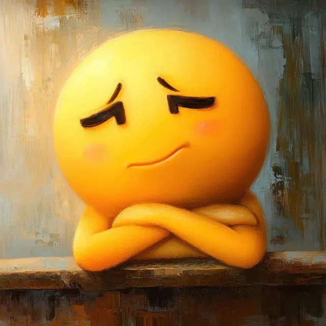 Un emoji amarillo pensativo con la mano en la barbilla parece inseguro sobre un fondo de pared pintada suavemente.