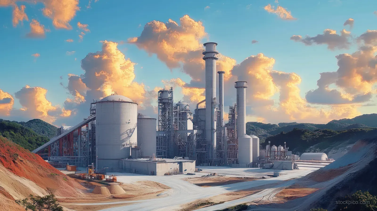 Cement plant with silos and smokestacks in an industrial yard under a colorful sunset sky with long shadows.