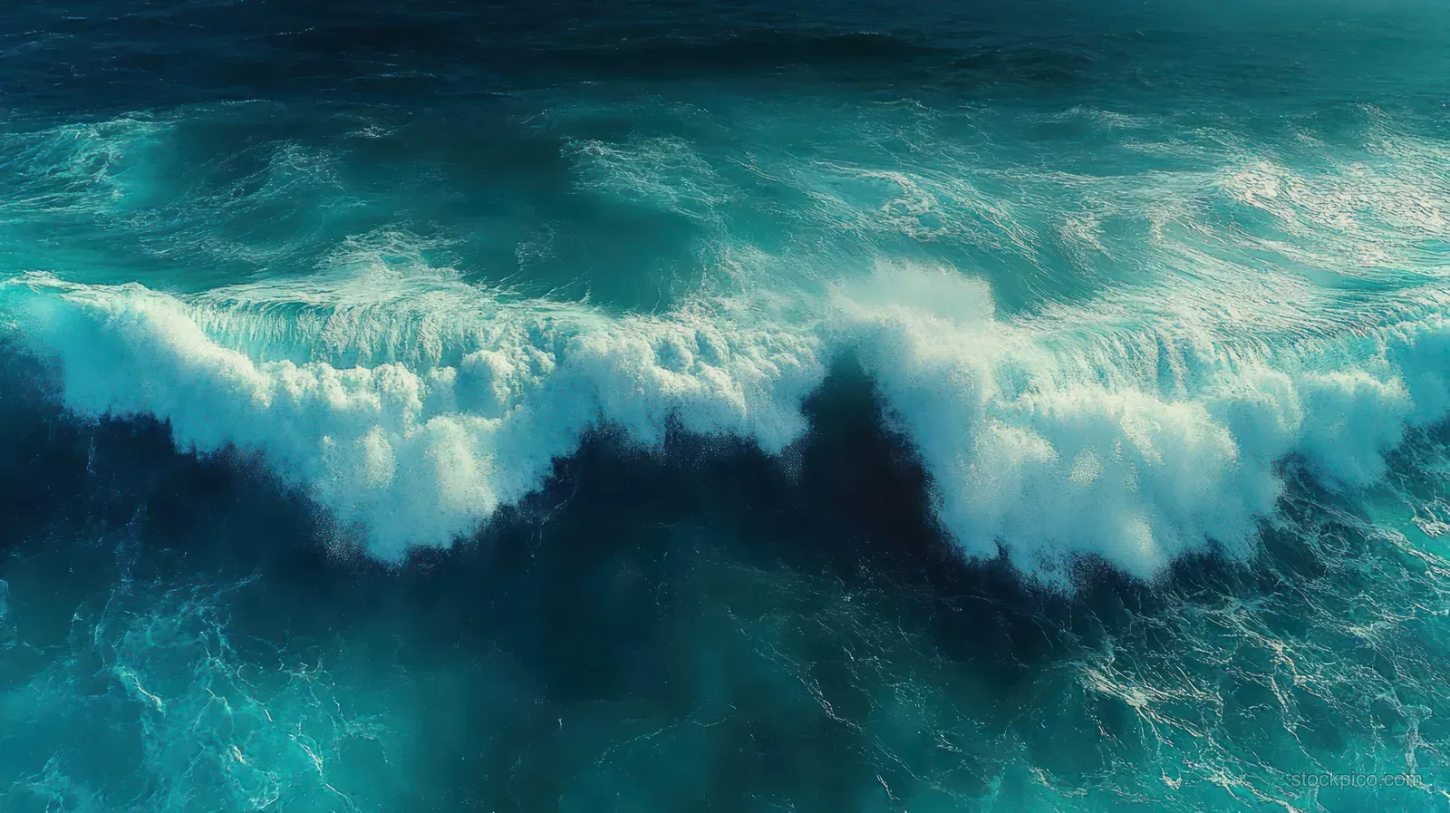 Foamy ocean waves crash on a deep blue and turquoise water surface, sending white spray upward.