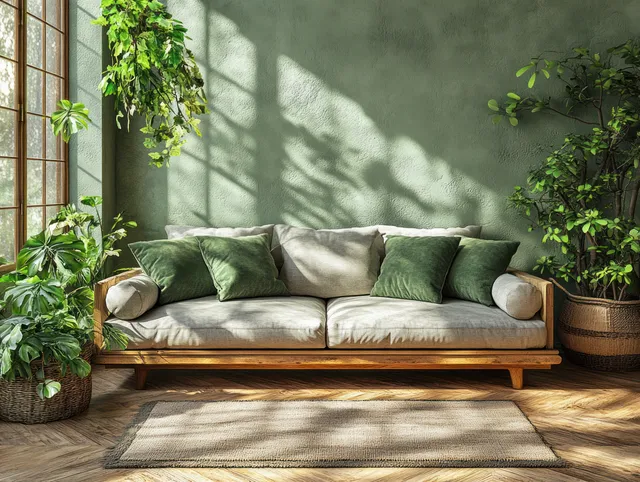 Grey sofa with green cushions in a minimalist living room with a wicker table, fir tree holiday decor, and sunlit greenery.