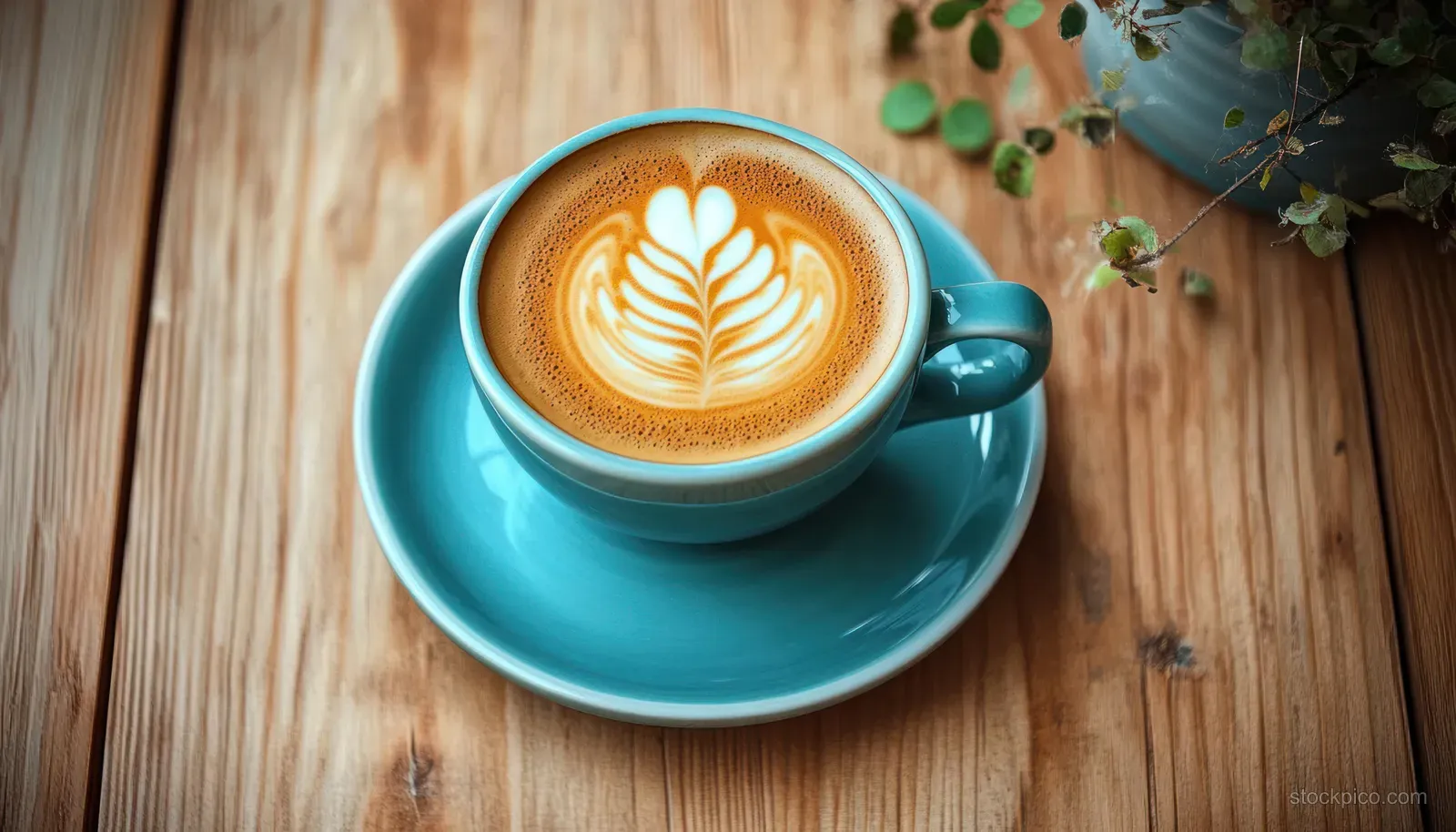 Blue cappuccino cup with leaf latte art on a wooden table beside a green potted plant.