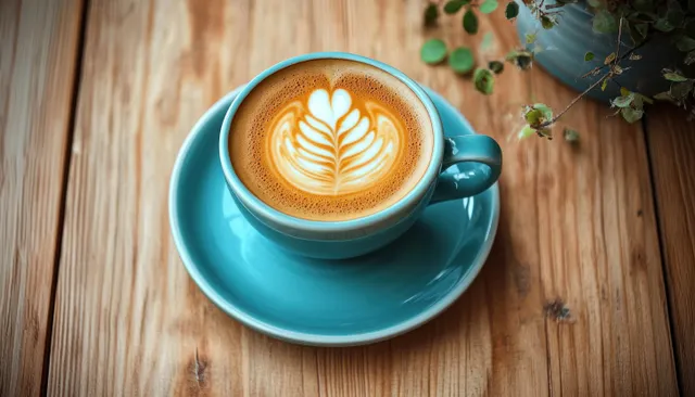 Blue cappuccino cup with leaf latte art on a wooden table beside a green potted plant.