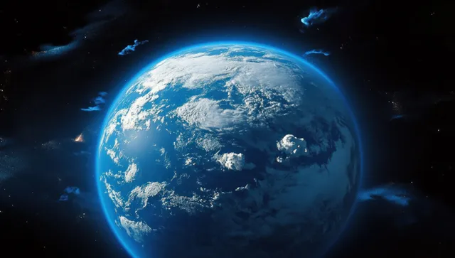 Earth from orbit with swirling clouds and a glowing blue atmosphere against a dark space background.