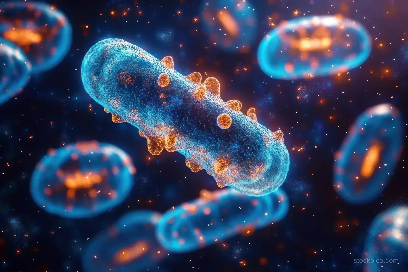 Glowing blue rod-shaped bacteria with orange surface structures float in a dark fluid with blurred microbes around them.
