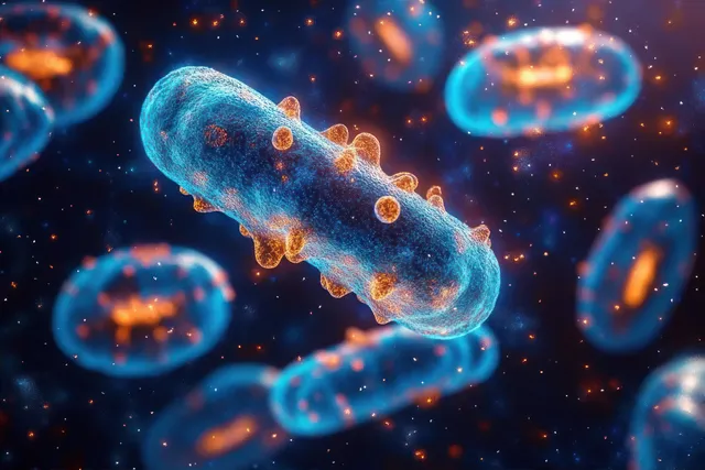 Glowing blue rod-shaped bacteria with orange surface structures float in a dark fluid with blurred microbes around them.