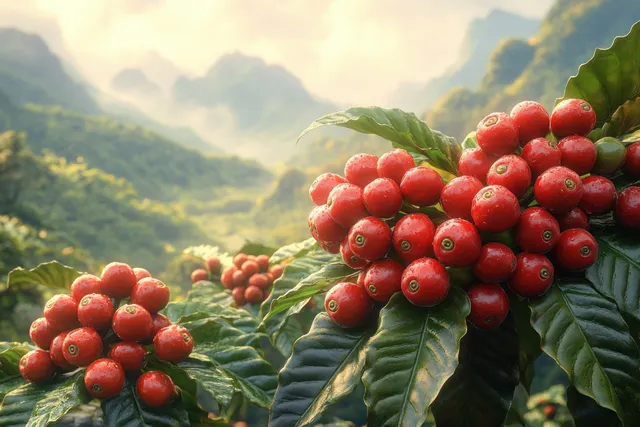 Red coffee cherries grow on a green coffee plant with misty mountains blurred behind them.