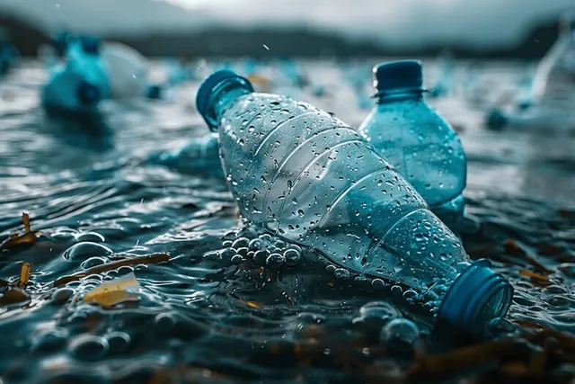Plastic bottles drift in polluted ocean water with bubbles and floating debris around them.