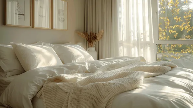 Sunlit bedroom scene showing a neatly made double bed with white linens and a beige blanket beside curtained windows.