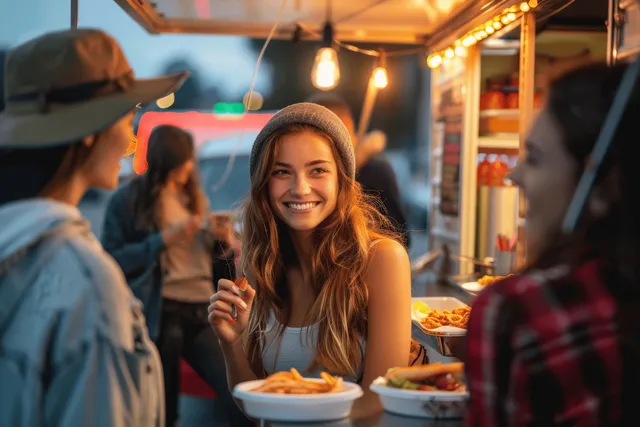Smiling young woman holds a fork while friends dine at a warmly lit food truck at night.