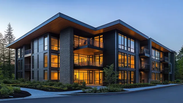 Modern apartment building illuminated with warm balcony and window lights at dusk beside landscaped greenery and curved walkways.