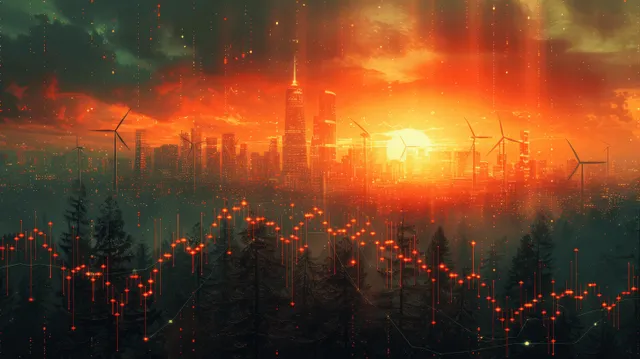Electricity price graph lines overlay a sunset power plant and wind turbines with glowing grid glow.