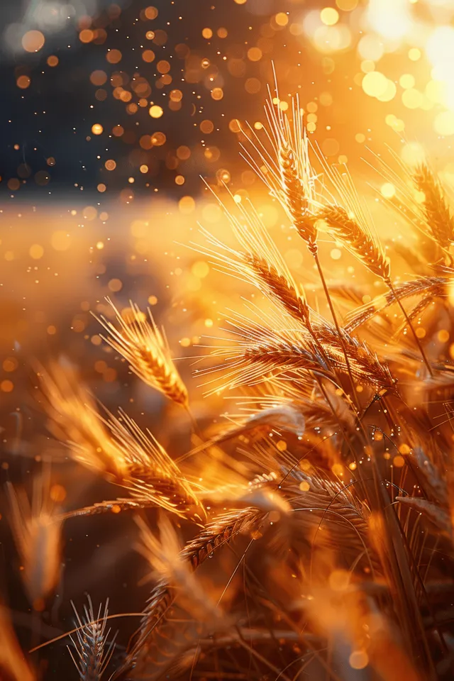 Golden sunset over a wheat field with harvesting machinery and bright lens flare creating a warm rural atmosphere.
