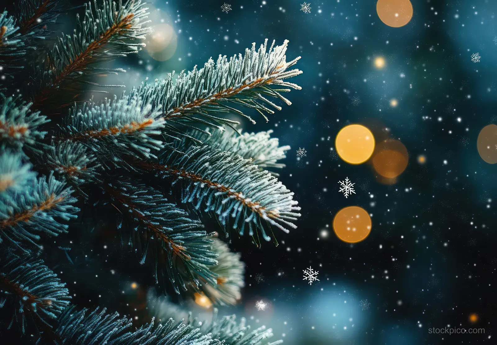 Snow-dusted pine needles fill the foreground while floating flakes and blue bokeh lights blur in the background.