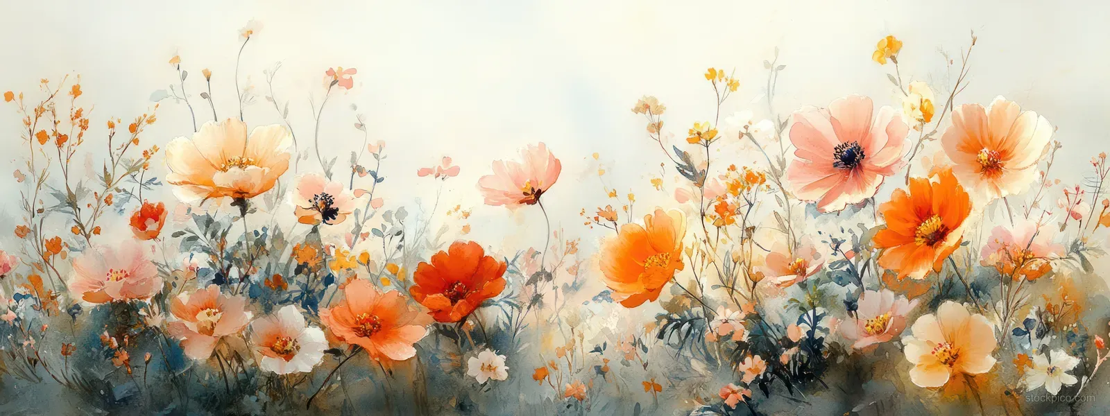 Watercolor wildflowers arranged along a soft border frame with peach and orange blossoms and light green leaves.