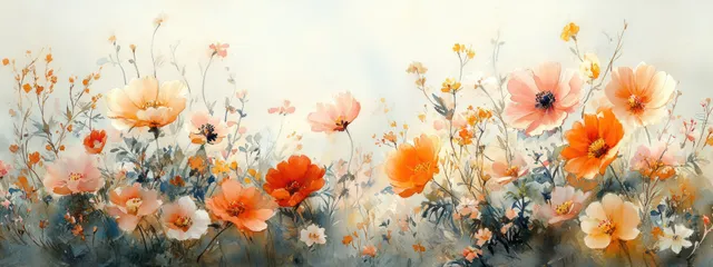 Watercolor wildflowers arranged along a soft border frame with peach and orange blossoms and light green leaves.