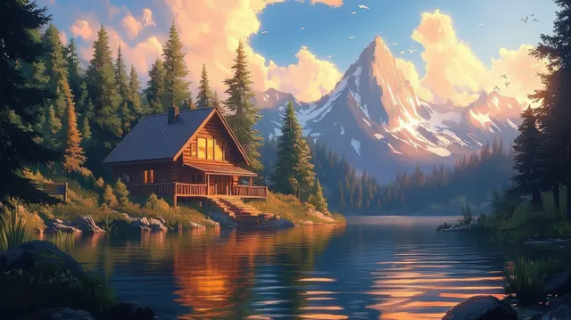 A lakeside cabin glows at sunset with pine trees, mountain peaks, and mirrored reflections on calm water.