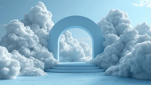 A blue archway portal stands over a pale walkway, surrounded by fluffy clouds.