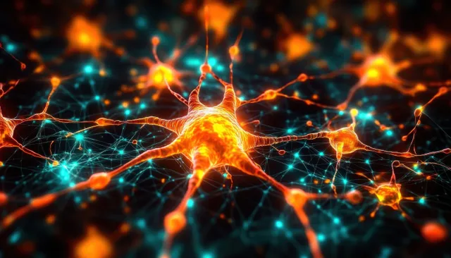 Orange neuron clusters connected by glowing blue synaptic networks in a dark, high-tech neural visualization.