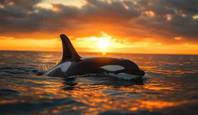 Orca breaches the fjord ocean at sunset, snow-draped Norway mountains reflecting on water