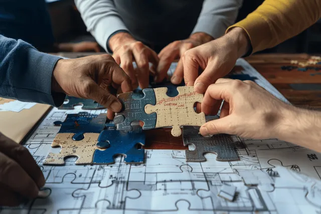 Engineers collaborate in an office, assembling puzzle pieces to symbolize teamwork and project alignment for business success.