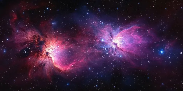 A deep-space nebula panorama shows swirling purple and pink clouds with glowing stars across the sky.