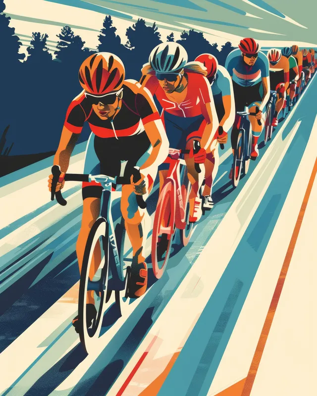 Cyclists sprint in a stylized track race with bold motion lines.