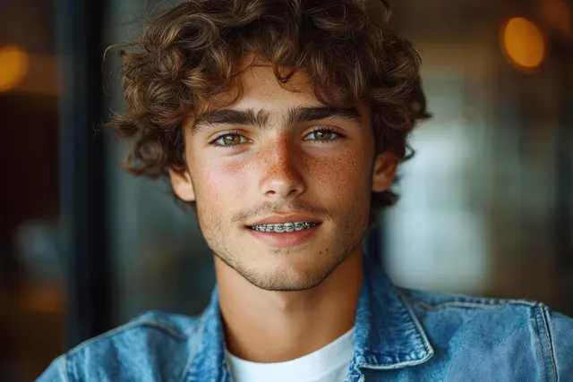 Curly-haired young man with freckles and braces smiling in a denim jacket with soft blurred lights behind him.