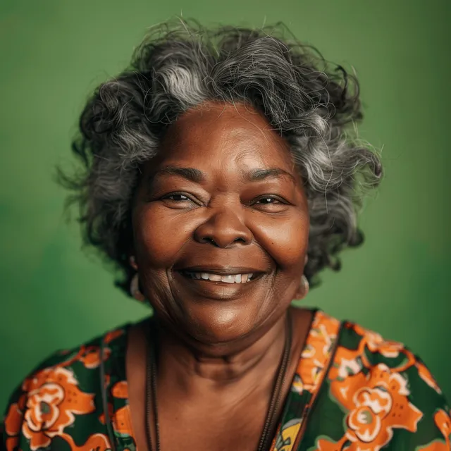 Smiling overweight senior Black woman portrait against solid green studio background