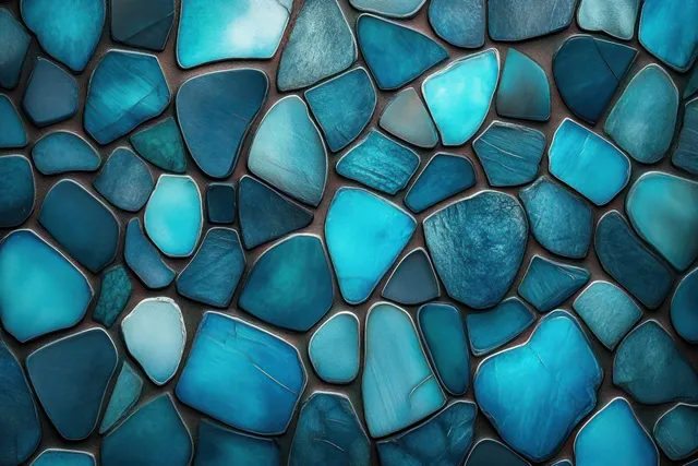 Close-up of smooth blue and turquoise stones packed tightly together forming an irregular mosaic pattern.