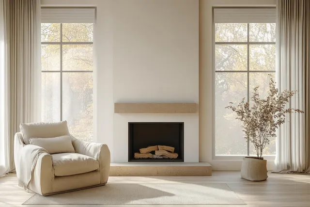 Beige armchair placed beside a recessed fireplace in a bright minimalist living room with daylight from windows.
