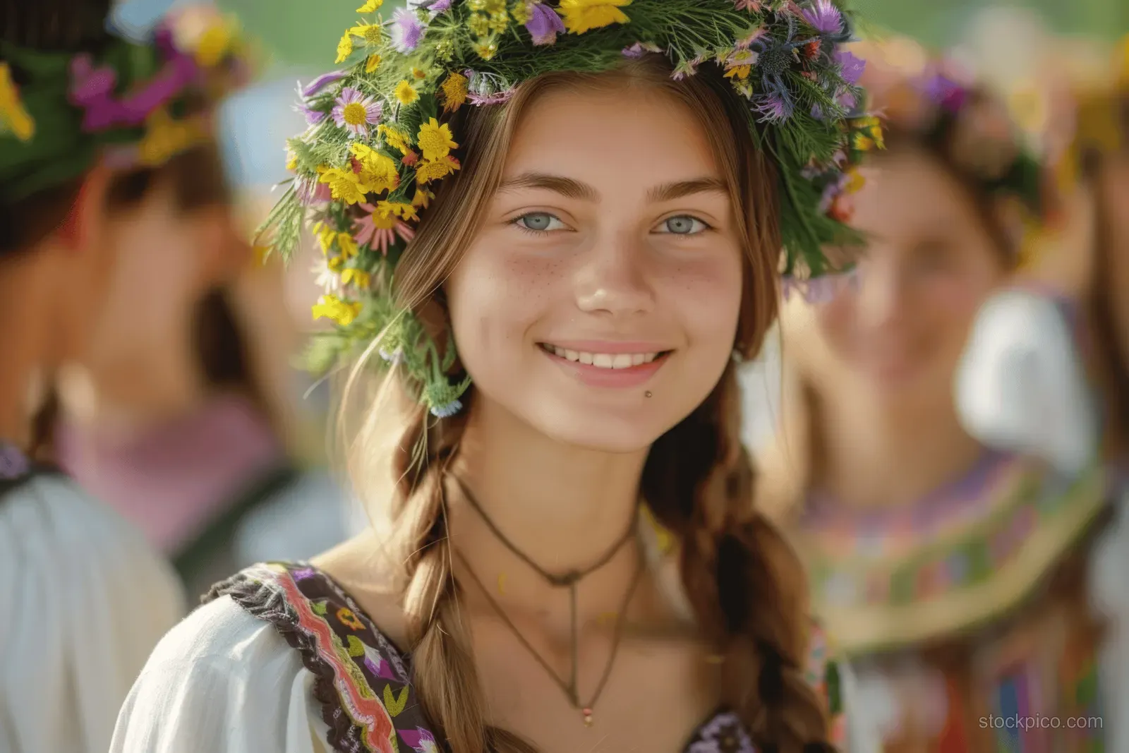 Smiling Ukrainian woman wearing an embroidered dress and colorful floral wreath at an outdoor festival.