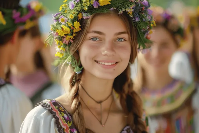 Smiling Ukrainian woman wearing an embroidered dress and colorful floral wreath at an outdoor festival.