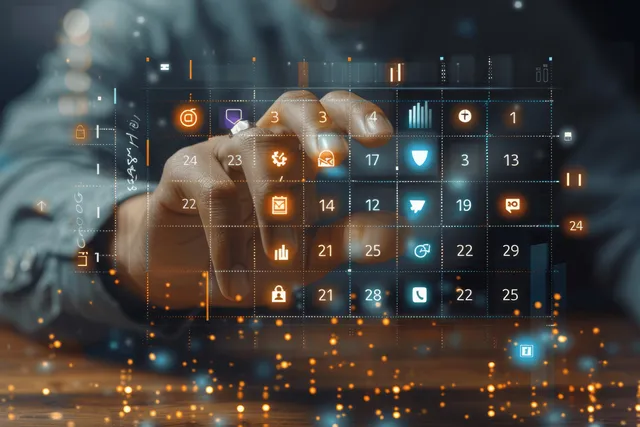 Businessman’s hands scheduling meetings on a glowing digital calendar interface