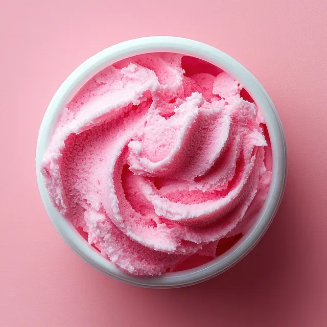 Pink sugar exfoliating scrub in a white jar on pastel background
