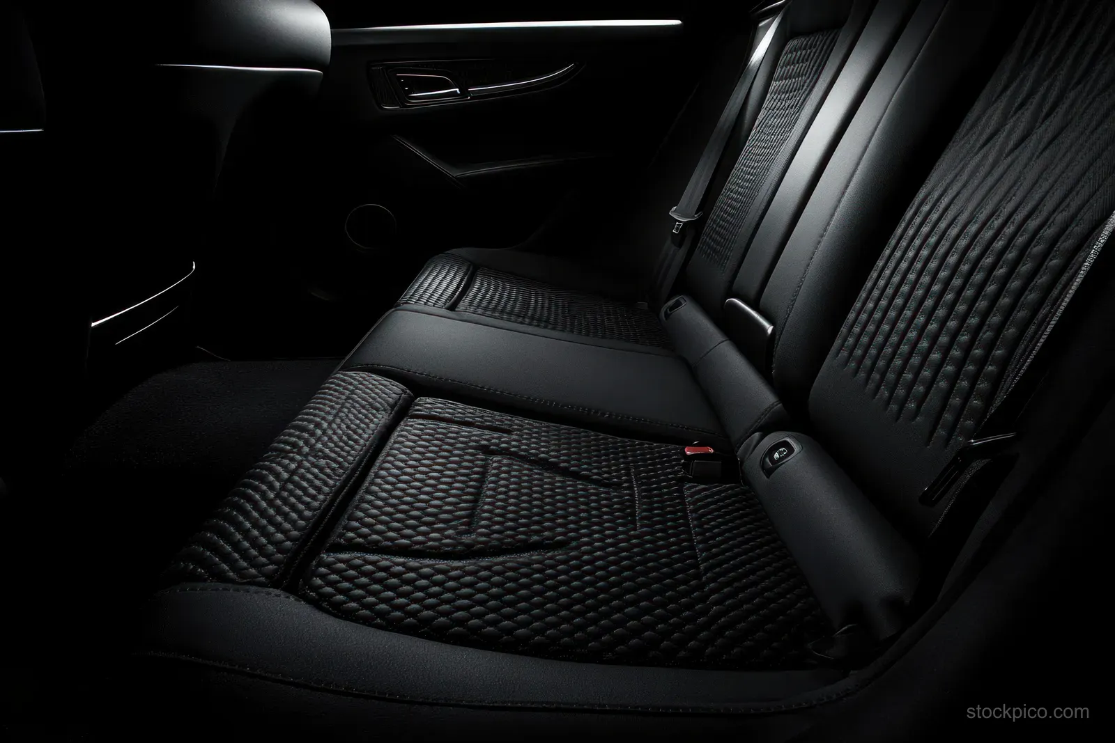Black quilted leather rear seats with a seatbelt and nearby door handle inside a car cabin in dim light.