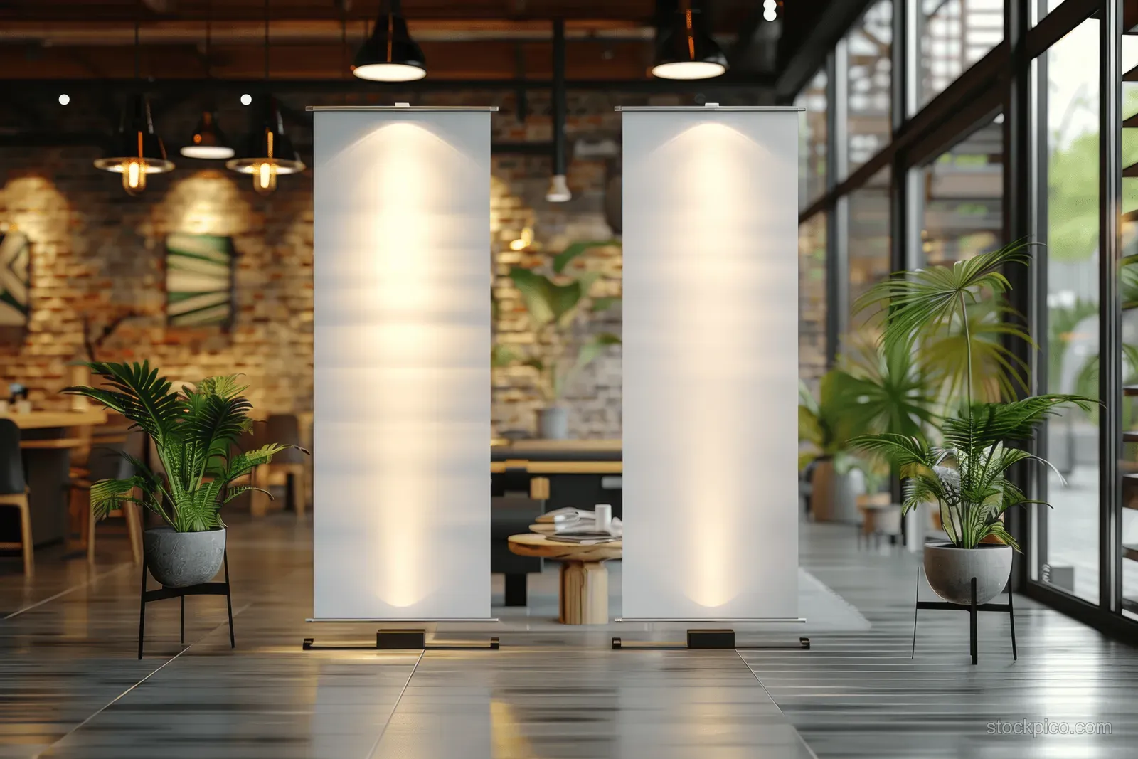 Two blank roll-up banner stands stand in a coffee shop lobby beside potted plants under warm lights.