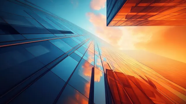 Reflective glass skyscraper facade with diagonal architectural lines under warm sunset light and sky reflections.