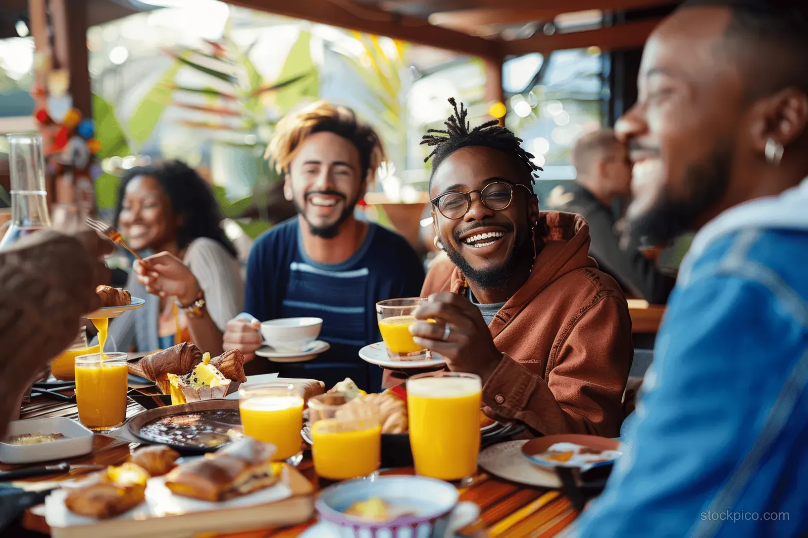 Friends at an outdoor terrace cafe laugh while eating breakfast with coffee and pastries on a table.