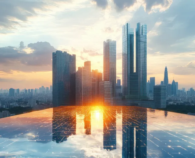Sunset reflects across rooftop solar panels while tall skyscrapers and clouds form a city skyline behind.