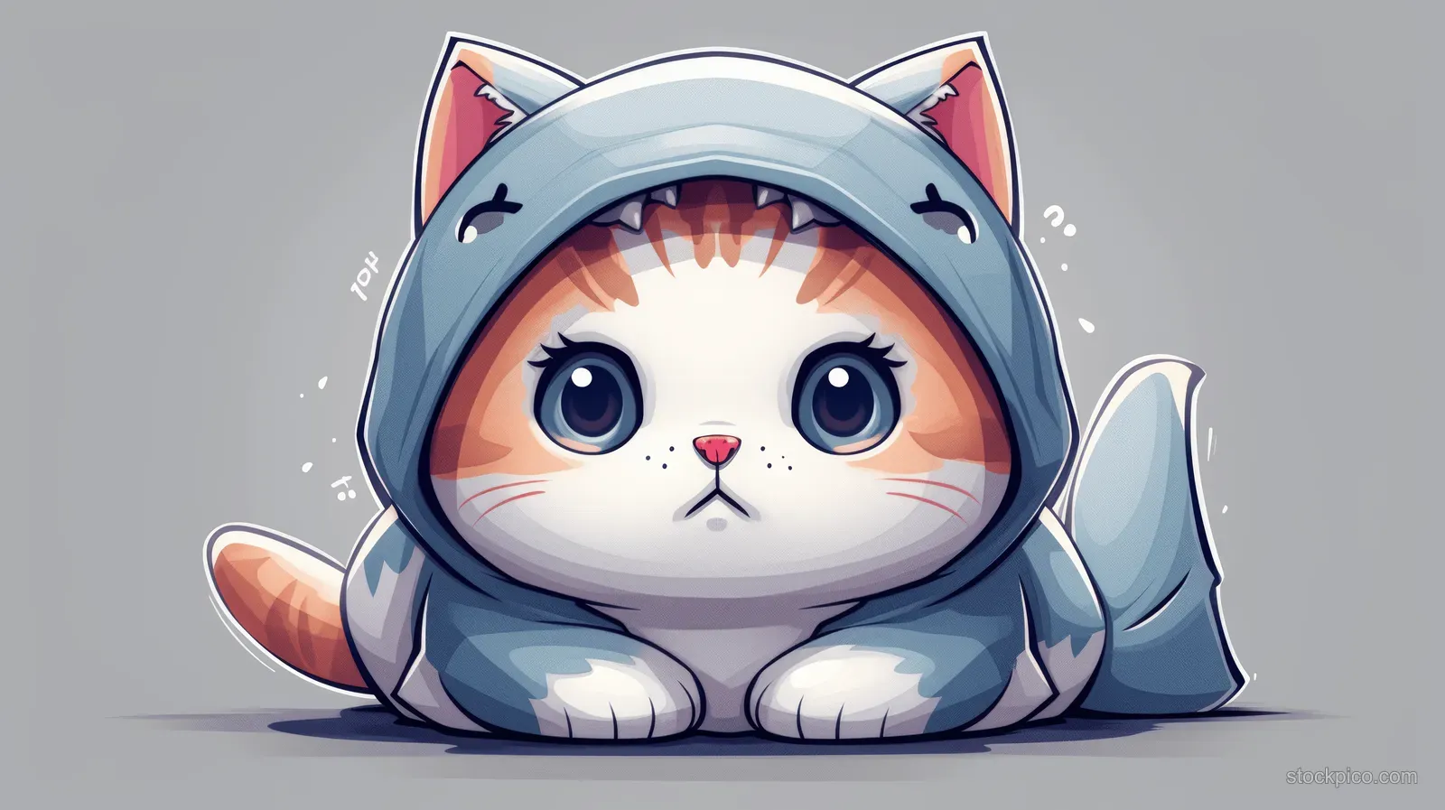 A kitten wearing a shark hoodie lies down, showing wide eyes and a small smile in an anime illustration.